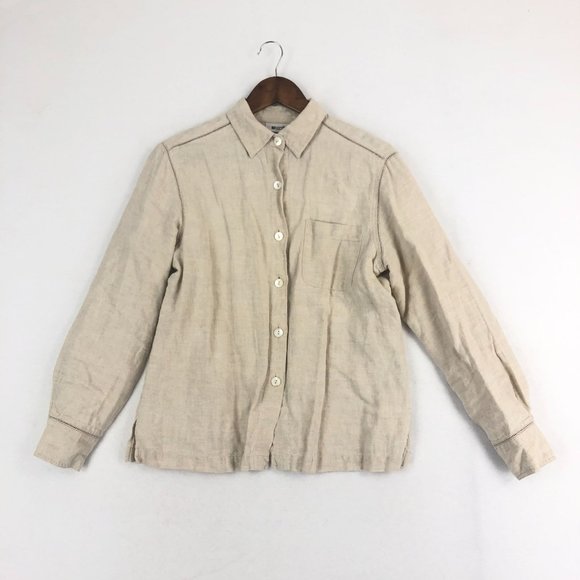 Units Women's Size MP Beige 100% Linen Button Front Long Sleeve Collared Shirt - Picture 1 of 10